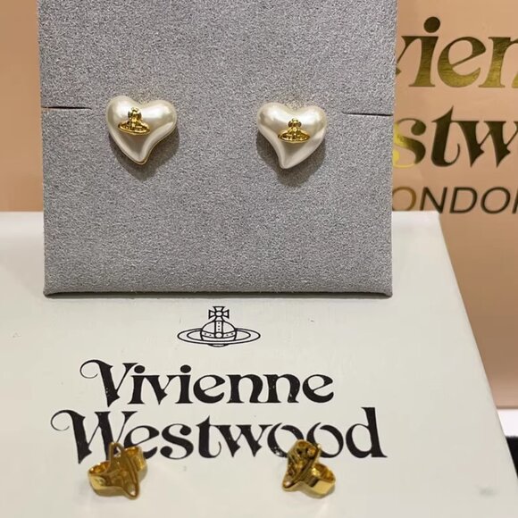 Vivienne Westwood Pearl Heart Earrings – Gold Orb Studs - Picture 1 of 4